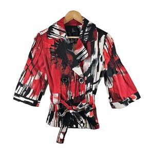 Yansi‎ Fugel VTG 3/4 Sleeve Button Tie-Front Jacket USA Abstract Modern Cotton S